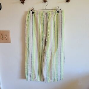 JENNIFER Moore 100% Linen Wide Leg Pant Cropped Tan Green Stripe 8 Petite Medium